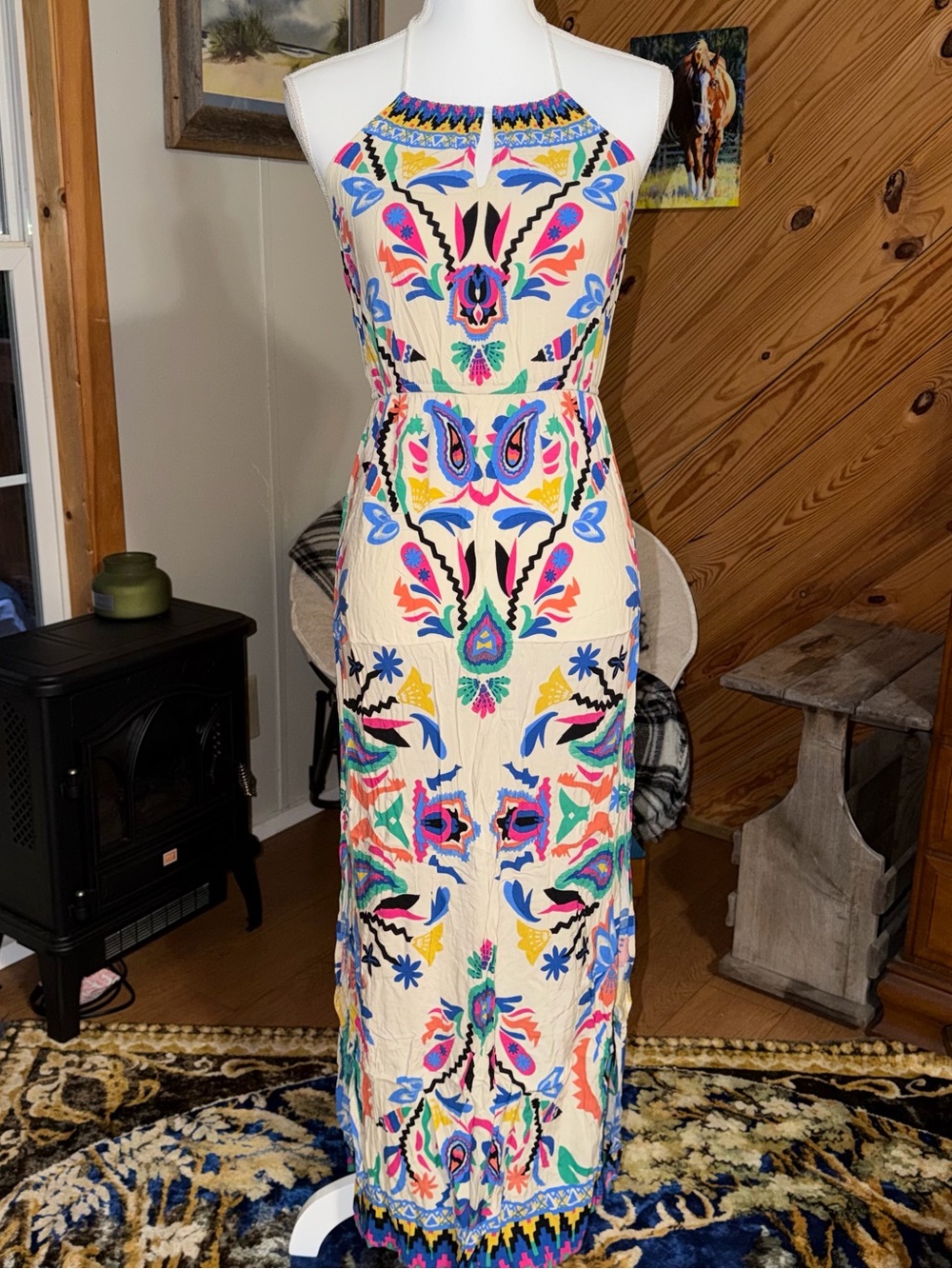 Flying Tomato Cream Halter Maxi Dress with Multicolor Pattern 100% Rayon
